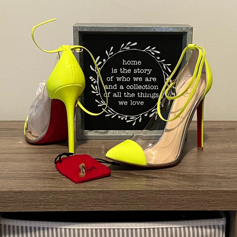 Clear and neon Christian Louboutin heels worn only once. Smoke free home.